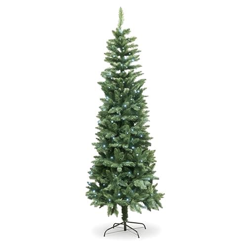 Image of 5Ft/1.5m Pre-Lit Green Christmas Tree Slim Tree Pine Narrow Xmas Tree, Pointed Tips, Metal Stand, Cool White LED Lights, Holiday Home Decorations