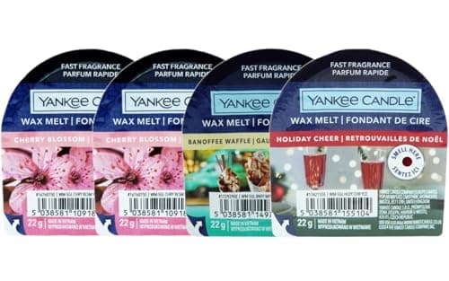 Image of Yankee Candle Scented Wax Melts Set, Cherry Blossom, Banoffee Waffle, Holiday Cheer Fragrances, Fast Fragrance, 22g Each, 4 Pack