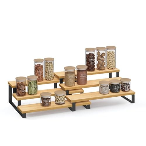 Image of SONGMICS Spice Rack, Set of 2 Cabinet Shelf Organisers, 3-Tier Extendable Spice Holder, Engineered Wood, Stackable, for Pantry, Cupboard, Countertop, Natural Beige and Ink Black KCS016N01