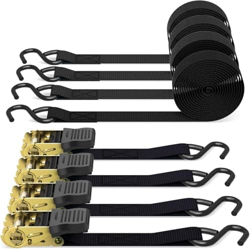 Image of Ratchet Straps with Hook 4 Pack, Ohuhu 4.6m x 25mm 680kg Break Strength Heavy Duty Ratchet Tie Down Straps Lashing Straps with S Hook for Motorcycles/Car/Trailer, Black