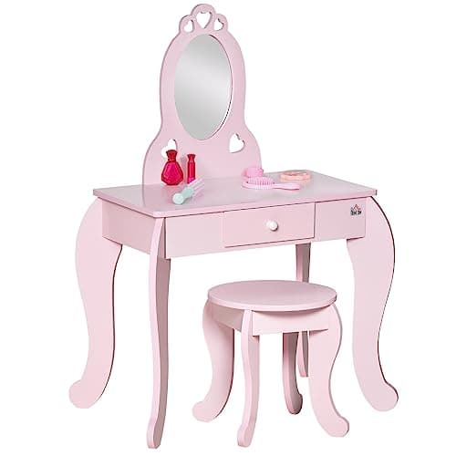 Image of HOMCOM Kids Vanity Table & Stool Girls Dressing Set Make Up Desk Chair Dresser Play Set with Mirror Pink