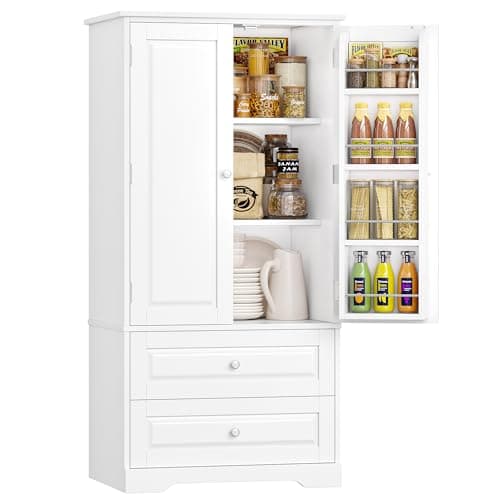 Image of FOREHILL Kitchen Cupboard Tall Kitchen Cabinet Pantry Cupboard with 2 Doors Storage Free Standing Sideboard Storage Cabinet, 2 Drawers, Adjustable Shelves 60x40x120cm White