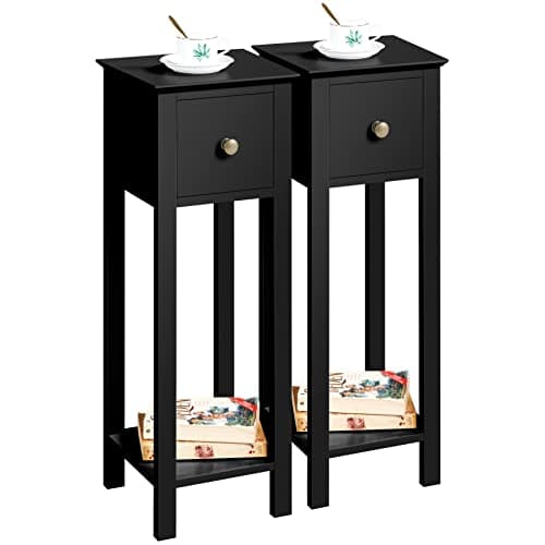 Image of Yaheetech Black Slim Bedside Table Set of 2, Narrow Wooden Nightstand with Drawer & Shelf, Tall Telephone Table Hallway Side Table, 25x25x70cm