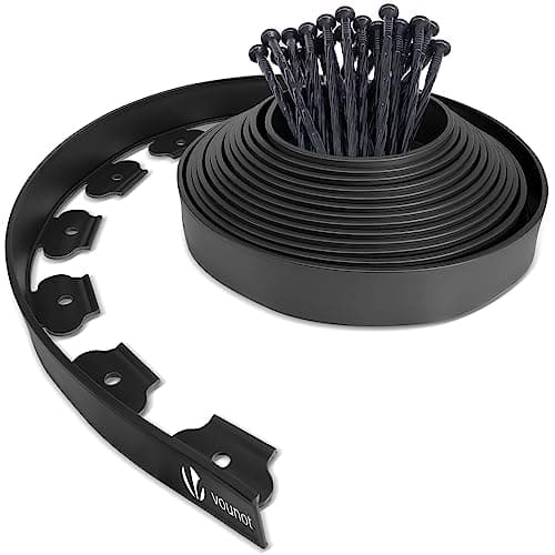 Image of VOUNOT Lawn Edging 10m with 30 Pegs, Flexible Plastic Garden Edging Border Strips for Grass, Flower Beds, Path, Gravel, 5cm High, Black