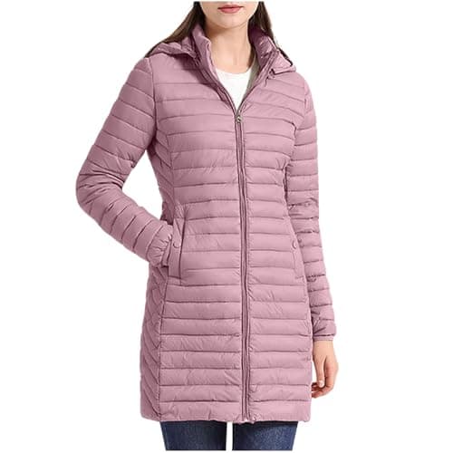 Image of NSICBMNO Winter Jacket For Women Uk Plus Size Long Coats Lightweight Packable Down Jacket With Hood Puffer Coats Ladies Padded Coat Long Sleeve Full Zip Hoodie Cotton Quilted Jackets Hiking