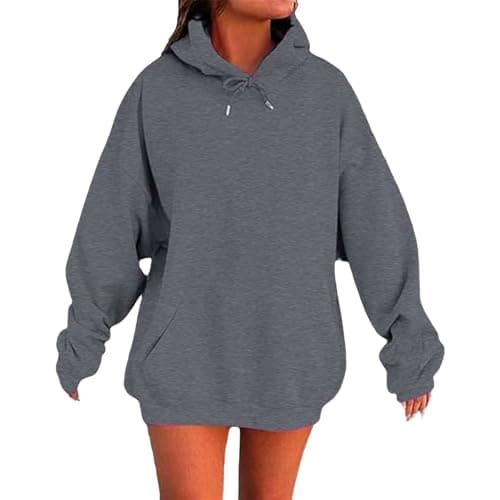 Image of Grey Hoodie Womens Hoodies Oversized Ladies Casual Pullover Tops Long Sleeve Solid Color Hoodie Autumn Winter Sweatshirts with Pockets Spring Jumpers for Women