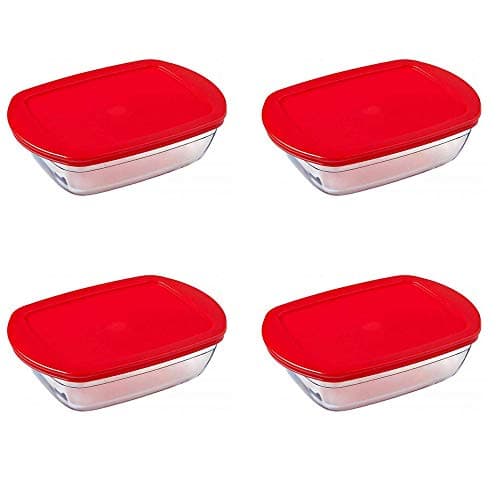 Image of Pyrex O'Cuisine Borosilicate Glass Rectangular Dish with Plastic Lid 0.4 Litre Red (Pack of 4)