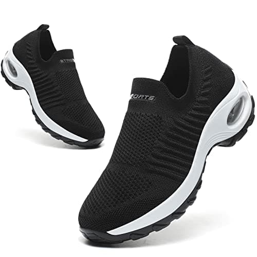 Image of Womens Slip On Ladies Trainers Walking Shoes Lightweight Running Shoes Air Cushion Wedge Platform Shoes Black White UK 6