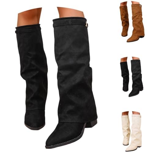 Image of 2026 Women's Suede Slouchy Knee High Boots Wide Calf, Fold Over Pull On Pointed Toe Chunky Block Heel Platform, Stretch Fit Mid Calf Ankle Boots for Autumn Winter Casual Outdoor Wear Black