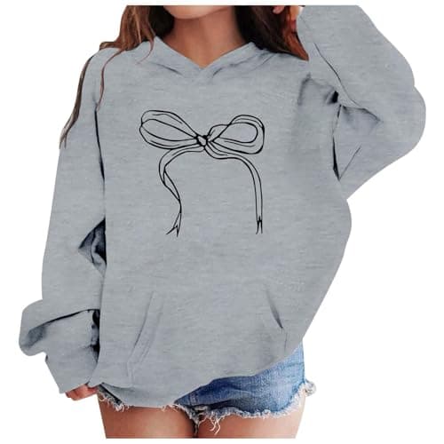 Image of Kids Girls Hoodie Long Sleeve T Shirt Sweatshirt Warm School Jumper Teen Girls Bow Knot Print Fleece Hooded Pullover Top Casual Activewear with Pockets Fall Winter Clothes Age 3-14 (Grey, 6-8Years)