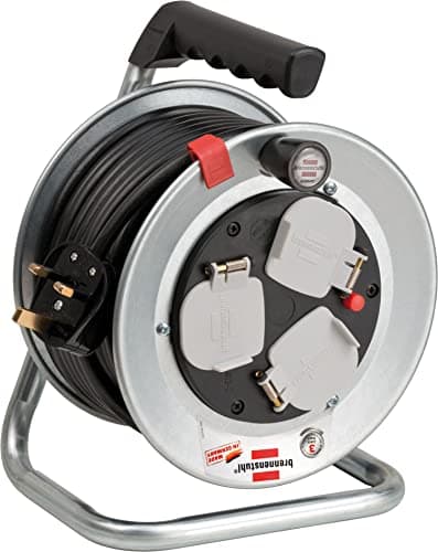 Image of Brennenstuhl Garant S Compact 3-Way Socket Cable Reel for Indoor use (15m Extension Cable, Rust-Proof, Ergonomic Handle, Black Cable, Made in Germany)