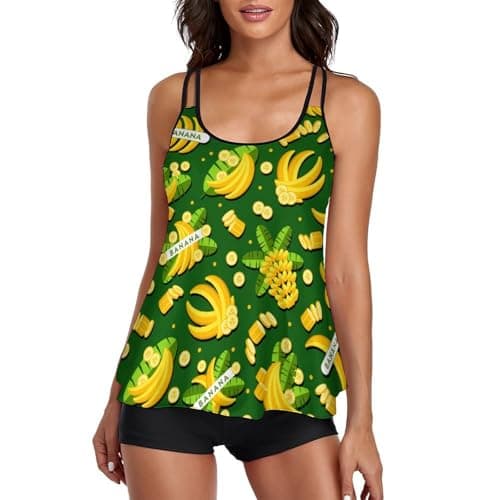 Image of peiyeety Bananas Pattern Swimsuits Tankini Set Woman Sexy Split Swimwear Suits Tummy Control Beach Bathing Suit Top Bottoms Green