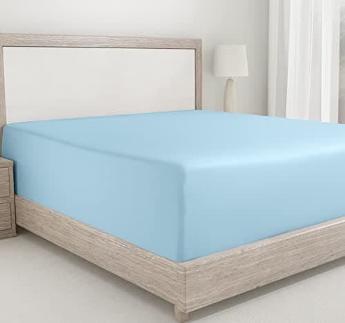 Image of 100% Long Staple Cotton Fitted Sheet King Size Bed 150x200+30cm, 400 Thread Count Soft & Cooling Sateen Fabric is like Egyptian Cotton (Sky Blue colour)