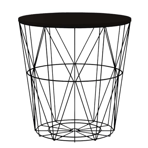 Image of Round Side Table Wire Metal Storage Basket Modern Tea Nest Table with Removable Wood Top for Hallway, Living Room, Bedroom, or Office Decor Sidetable (Black + Black Lid, Large)