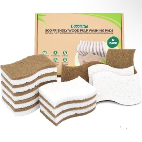 Image of Pack of 12 Eco Washing Up Dish Sponges-Dual Sided S-Shape Natural Wood Cellulose & Coconut Kitchen Sponges Multipack-Heavy Duty,Non Scratch,Pan,Pot & Dish Scrubbers Non Stick Cookware,Biodegradable