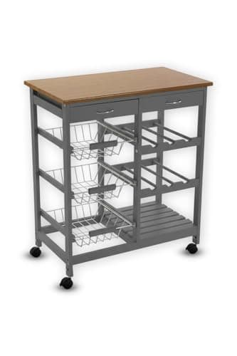 Image of HYGRAD Kitchen Trolley MDF Top White Island Dining Cart Worktop Basket Storage Lockable Wheels Rolling Kitchen Portable Island Kitchen Trolley with Drawers and Open Shelf, Grey (Grey)