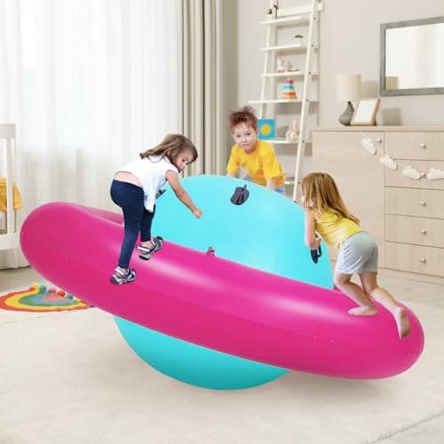 Image of GYMAX 88'' Inflatable Dome Rocker Bouncer, Giant Inflatable Rocking Planet with 6 Handles, Indoor Outdoor Large Blow Up Rocking Ball for 5 Years Old+ Boys Girls, Max Weight 113kg (Pink+Green)