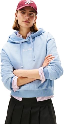 Image of Tommy Hilfiger Women's Classic Script Fleece Hoodie, Blue (Brisk Blue Heather), XL