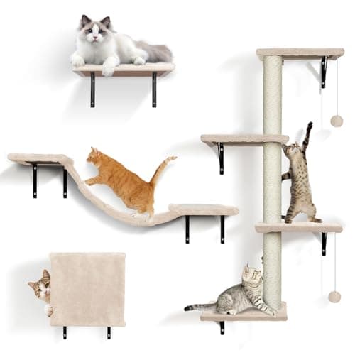 Image of Masthome 4-in-1 Wall Mounted Cat Furniture,Cat Shelves with Scratching Post,Bridge,Perch and House,DIY Modular Cat Tree for Large Cats Holds Up to 25lbs.Space-Saving Indoor Cat Climbing Frame,Beige