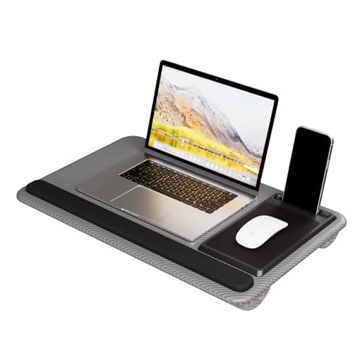 Image of Portable Lap Desk Wood Laptop Tray with Cushion, Lightweight Laptop Stand for Bed Lap Tray with Built-In Mouse Pad, Wrist Rest, Phone Slot, Lap Stand for Sofa and Bed, Grey