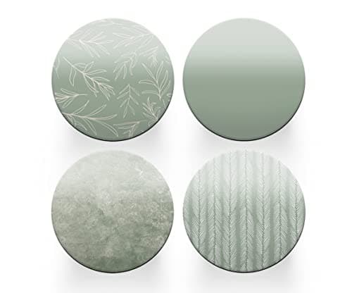 Image of 4 x Round Sage Green Coasters - Floral Pattern Farmhouse Women Set Theme House Warming Circle Drinks Kitchen Decoration Décor Gift #80205