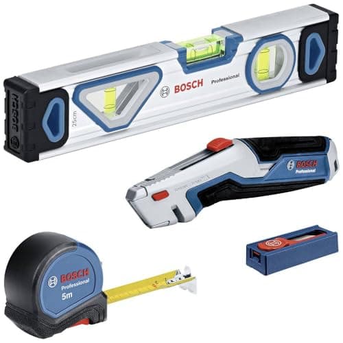 Image of Bosch Professional 4-Part Hand Tool Set (incl. 25 cm Spirit Level, 5 m Tape Measure, Utility Knife with Retractable Blade and 10-Part Blade Set)