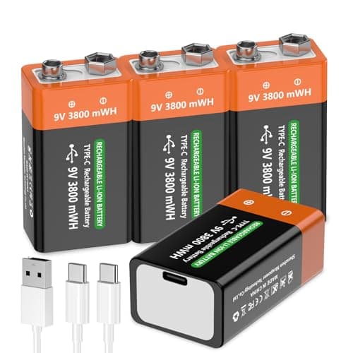 Image of 9V Rechargeable Battery, 9V Lithium Batteries,3800mWh High Capacity Rechargeable 9 Volt Square Batteries with 2 in 1 USB-C Fast Charging Cable (4 Pack)