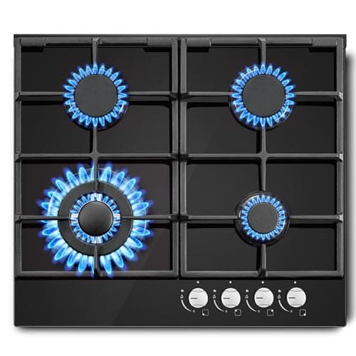Image of SNDOAS Gas Hob 4 Burners, NG/LPG Convertible, 60cm Black Glass Gas Cooker Hob with Wok Burner, Built-in Cooktop with Flame Failure Protection, 8060W