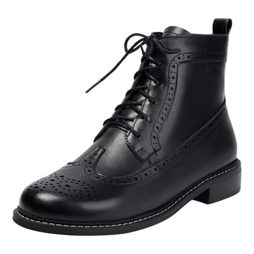 Image of ANUFER Women's Wingtip Brogues Ankle Boots Side Zipper Lace-Up Retro Oxfords Dress Shoes SN0703451 Black UK6