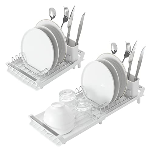 Image of Compact Expandable Dish Drainer with Removable Cutlery Holder Stainless Steel and Plastic Drainer Drainer Small Kitchen Drainer White
