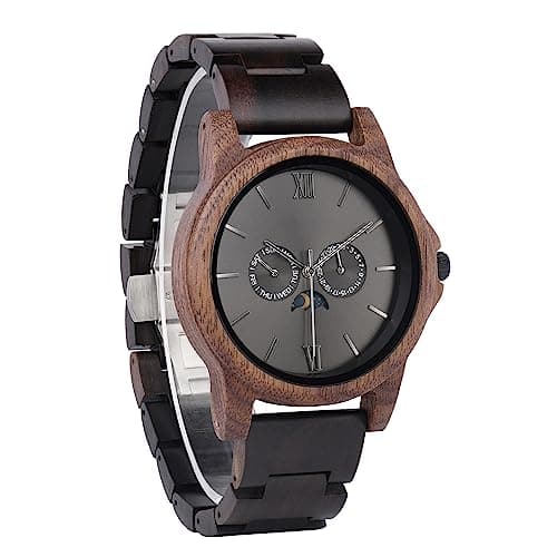 Image of LMWOOD Wood Watch for Men Personalized Engraved Walnut Wooden Watch Adjustable Ebony Band Date Week Moon Phrase Anniversary Birthday Christmas for Husband Dad