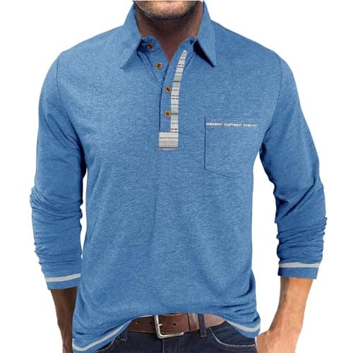 Image of PRIVIMIX Mens Polo Shirts Long Sleeve Basic Golf Rugby Shirt with Pocket Casual Polos T-Shirts Work Tops with Plaid Collar Blue 3XL