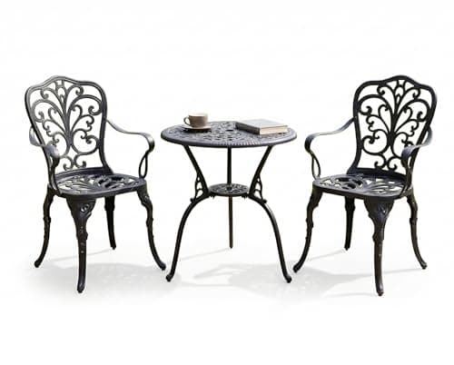 Image of Centurion BANGUI 3 Piece Cast Aluminium Garden Bistro Set – Rust-Proof Outdoor Patio Table with Parasol Hole & 2 Large Chairs – Spanish Style Garden Furniture for Patio, Balcony & Conservatory – Black