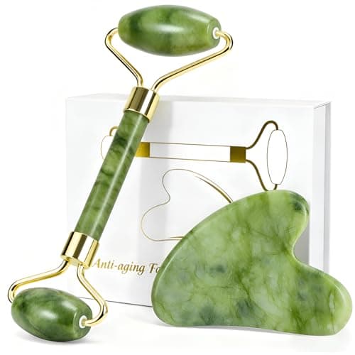 Image of MASSOVIBE Jade Roller & Gua Sha Set - Natural Jade Face Roller Massage Skincare Tools for Women,Muscle Relief, Improve Eye Puffiness Skin Glow (Green)
