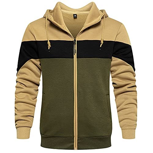 Image of DUOFIER Men's Hoodies Zip Front Sweatshirt Color Blocking Hooded, Green, M