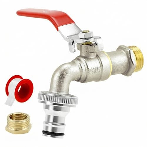 Image of QWORK® 1/2'' Inch Brass Water Tap with Thread Adapter (3/4") and Hose Connector, Rust & Frost Resistant, UK-Compatible