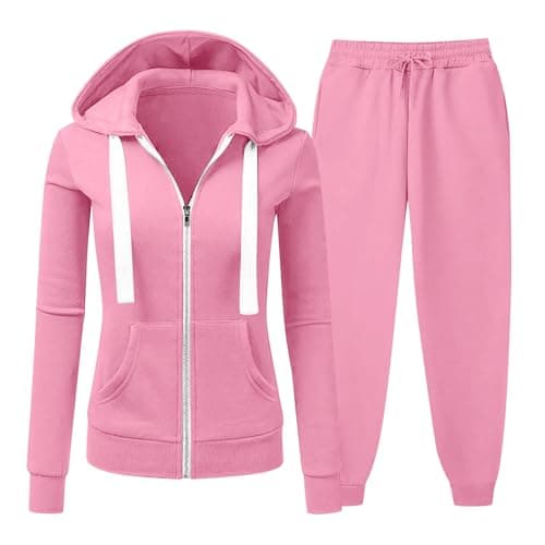 Image of NSICBMNO Pink Tracksuit Womens Full Set Co Ord Sets 2 Piece Outfits Zip Up Hoodie Baggy Joggers Lounge Wear Sets Drawstring Fleece Jacket Elastic Waist Trousers Casual Tracksuits Jogging Suits