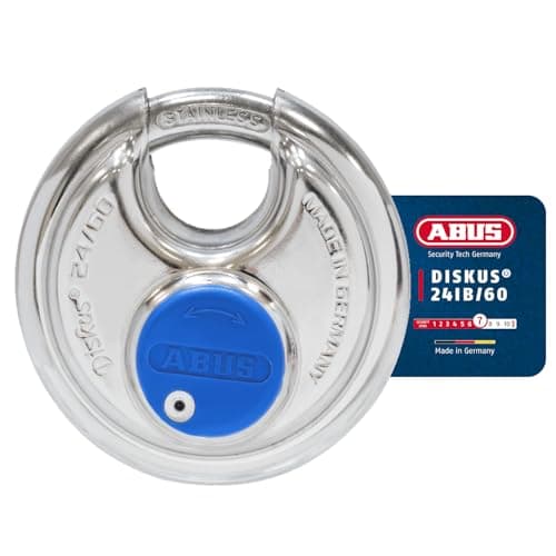 Image of ABUS Diskus Padlock 24IB/60 Made of Stainless Steel - with 360° All-Round Protection - for Protection Against Severe Weather Conditions - ABUS Security Level 7 - Silver/Blue