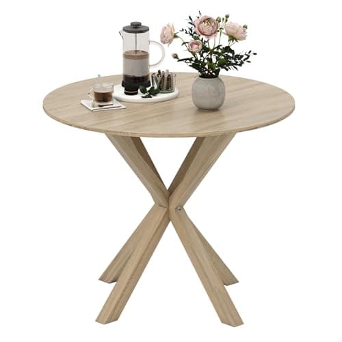 Image of GiantexUK 90cm Round Dining Table, 4 Seaters Kitchen Table with Intersecting Pedestal Base & Rubber Wood Legs, Rustic Dinner Tables for Dining Living Room Restaurant (Natural)