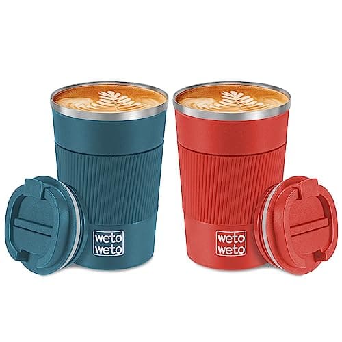 Image of WETOWETO 12oz Reusable Coffee Cup, Coffee Travel Mug with Lid, Spill Proof Thermal Mug, Double-Walled Insulated Cup, Stainless Steel Portable Cup for Hot and Cold Drinks(Blue & Red)