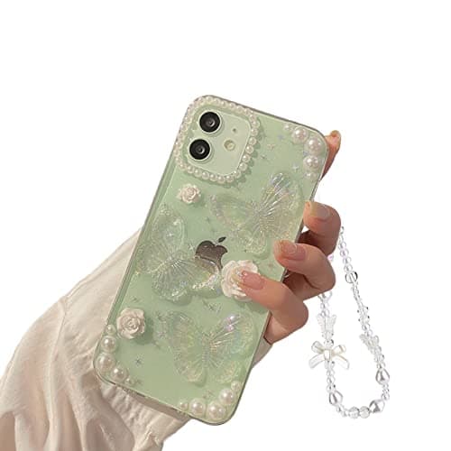 Image of Ownest Compatible with iPhone 12 Mini Case 3D Butterfly Floral Clear Design Aesthetic Women Teen Girls Glitter Crystal Sparkly Cute Girly Phone Protective Cover for iPhone 12 Mini +Pearl Chain