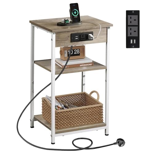 Image of WLIVE Side Table, 3-Tier Side Table with Charging Station, Slim End Table with Adjustable Middle Shelf, Brown Bide Table for Small Spaces, Small Bed Table for Living Room and Bedroom, Oak