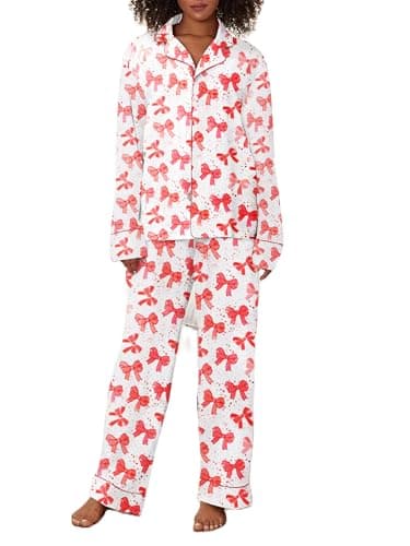 Image of SOOKABEILA Women Y2k Pajama Set 2 Piece Print Lounge Sets Long Sleeve Button Shirt Elastic Pants Sleepwear Matching Sets, Bow White, M