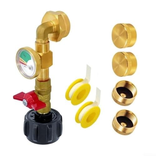Image of Refill Adapter for 1 lb Propane Tanks Made of Solid Brass with 3-Color Gauge for Visual Level Indication During Refill Operations