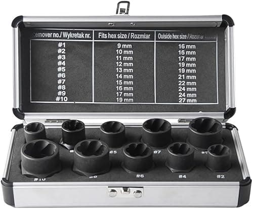 Image of 10-PC Impact Nut Extractor Set - Professional Grade Bolt Remover Tool Kit for Damaged/Rusted/Rounded Bolts & Screws, Heat-Treated S2 Steel with Aluminum Case (Black)