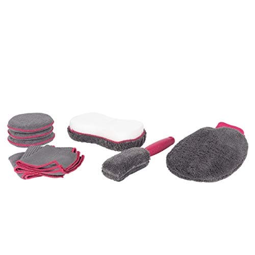Image of Kleeneze KL082350EU7 9 Piece Deluxe Car Cleaning Set - Includes Wheel Brush, Soft Cleaning Pads, Polishing Mitt, Double-Sided Sponge and Microfibre Cloths, Interior/Exterior Cleaning Kit, Grey/Pink