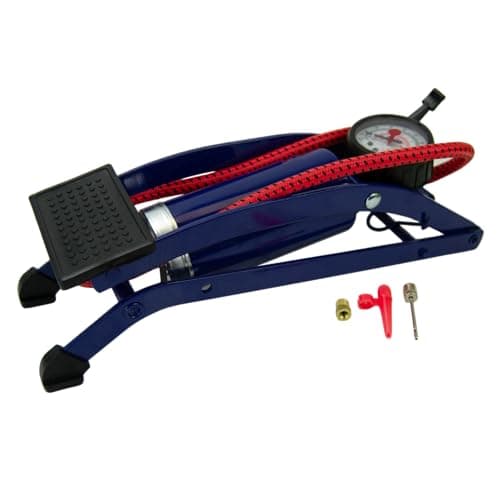 Image of Sakura Single Cylinder Foot Pump PG270 – 52cm Hose, Thumb Lock Connector, Pressure Gauge, 3 Valve Adaptors