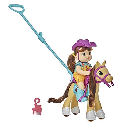 Image of Baby Alive Littles, Lil’ Pony Ride, Little Mandy Doll and Pony with Push-Stick, Accessories, Brown Hair Toy for Kids 3 Years Old and Up