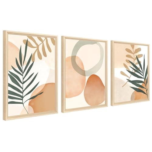 Image of 3 Pcs Framed Canvas Wall Art Watercolor Botanical Canvas Prints Painting Yellow Circles Green Leaves Geometric Pictures for Living Room Bedroom Hallway Stairs Wall Decor 30x40cm x3pcs (No Plexiglass)
