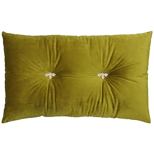 Image of Bumble Rectangular Bee Scatter Cushion - Olive Green - Faux Velvet Look and Feel - Jewelled Metal Bee Buttons - Polyfilled - 100% Polyester - 30 x 50cm (12" x 20" inches) - Made by Riva Paoletti